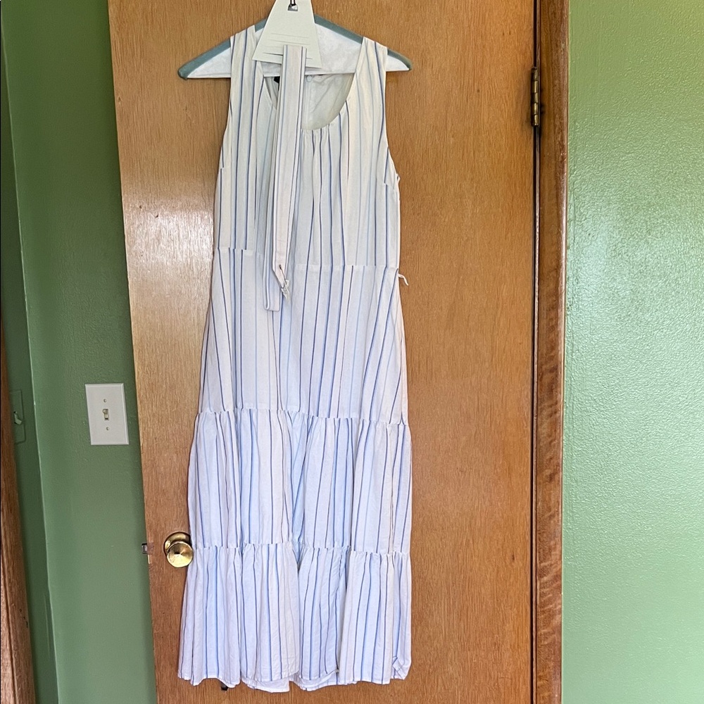 Women Maxi dress Talbots White Maxi Dress with Blue Stripes